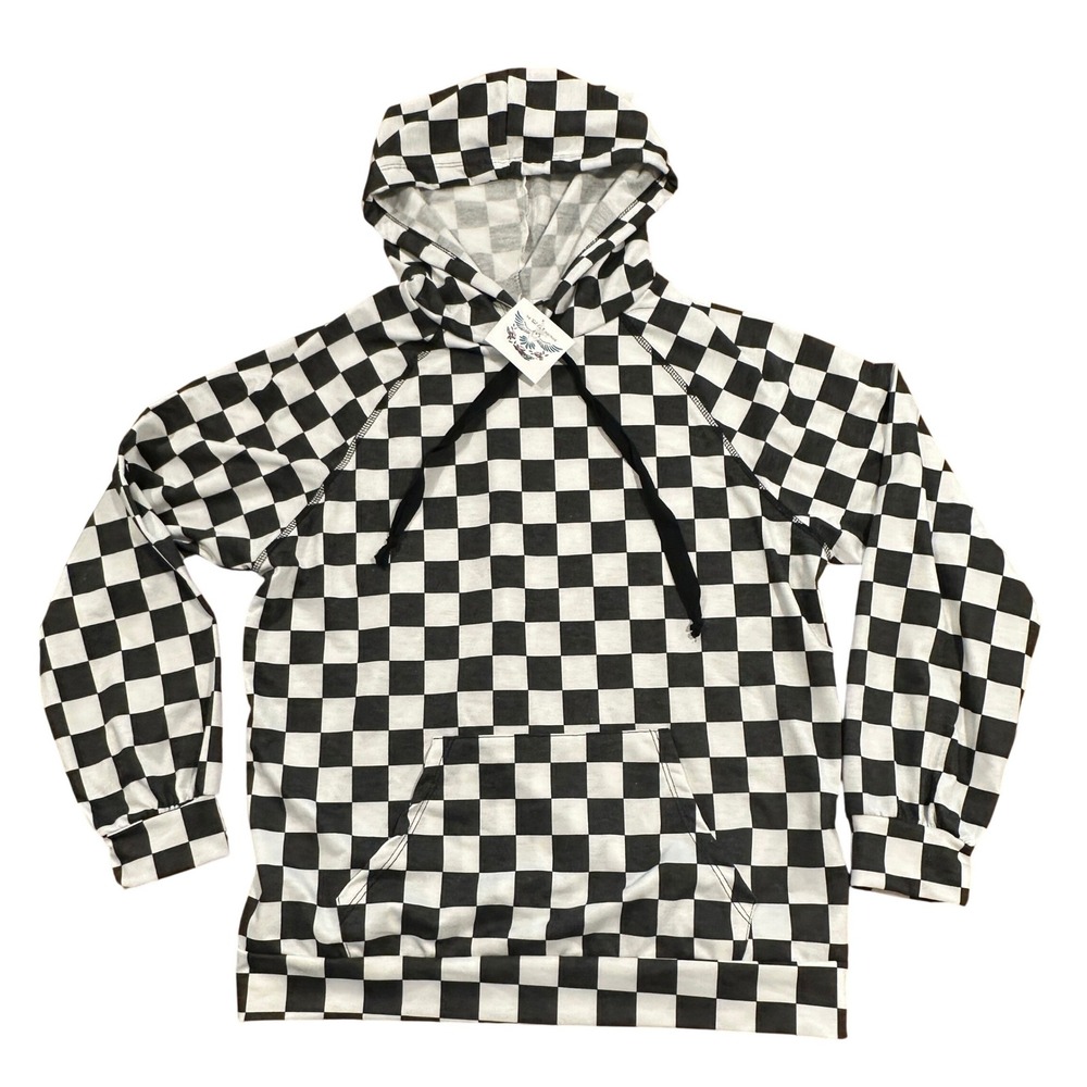 NWT Checkerboard Printed Hoodie XL Black White Trippy Pullover‎ Made in USA